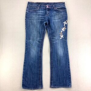 VTG Y2K Pink Cookie Jeans Womens 9‎ Low Rise Bootcut Patchwork Cross Embroidered